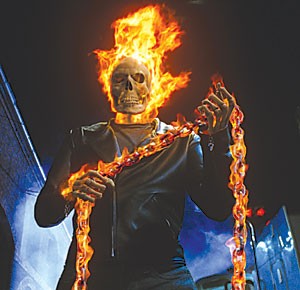 Johnny Blaze (Nicolas Cage) may heat up the screen in Ghost Rider with his fiery costume, but the movie fizzles with cheesy dialogue, awkward action scenes and a bad love connection. 