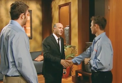 DJ Stephan, left, and Sean Conway, right, receive congratulations from venture capitalist Kevin OLeary, center, at the conclusion of Shark Tank, and ABC series featuring entrepreneurs looking for capital to boost their company. Stephan and Conway took away $90,000 for a %10 stake in their company.