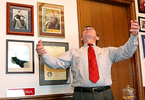 President emeritus Peter Likins reminisces about the more memorable moments of his career June 27 in his office in the Administration building. Likins was succeeded July 1 by Robert Shelton.