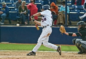 Arizona freshman shortstop Bryce Ortega takes a hack in Tuesdays 6-5 win over Nevada-Las Vegas at Sancet Stadium. Ortega went 4-for-7 in the midweek series and put starting shortstop Robert Abels job in jeopardy.