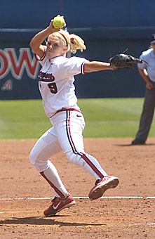 UA pitcher Taryne Mowatt hurls a pitch during the Wildcats 9-1 win over Oregon April 22 at Hillenbrand Stadium. Mowatt, who last week earned Pacific 10 Conference Pitcher of the Week honors for the fourth time this season, brings a 30-8 record and 1.51 ERA into Arizonas stretch run for a second consecutive national championship.