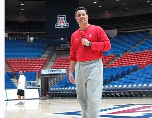 Sean Miller, the mens basketball coach at the UofA, gives a pep rally in front of onlooking students at the McKale Center on Wednesday, Jan. 26 2011. Miller showcased a secret play for the fans.