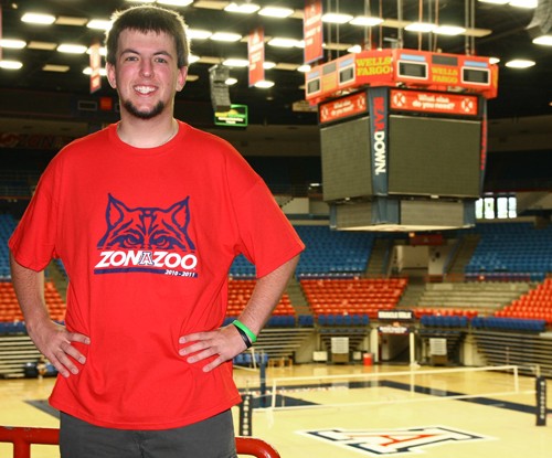 Gordon Bates / Arizona Daily Wildcat
Kevin Wos, a senior in political science, shows off his Zona Zoo shirt this Wednesday, September first. Kevin has been part of the UA Zona Zoo tradition since his sophomore year and mostly uses his season tickets to attend football, mens basketball and baseball.