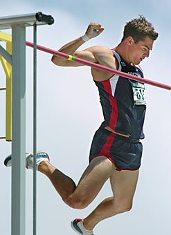 Arizona redshirt junior decathlete Jake Arnold clears the bar in the decathlon pole vault at the NCAA	Championships Thursday in Sacramento, Calif.