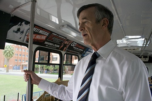 Rebecca Rillos / Arizona Daily Wildcat

UA President Robert Shelton surveys a CatTran bus Wednesday during the fourth annual Stuff the CatTran food drive. Monetary and food donations were given to the Tucson Community Food Bank. 


