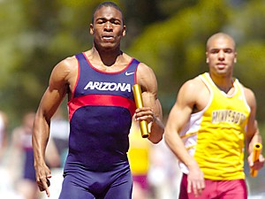 Bobby McCoy (NO CQ!!) anchored Arizonas 4x100 meter relay. Arizona finished fifth with a time of 41 seconds, at the Jim Click Shootout, Saturday afternoon. (Photo by Chris Coduto / Arizona Daily Wildcat)
