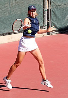 Arizona senior tennis player Stephanie Balzert returns a shot during another winning weekend for the Wildcat women (7-0), who are off to one of their best starts in two decades.