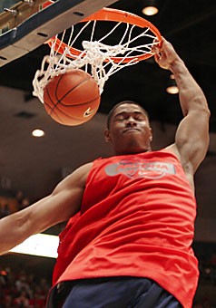 Sophomore forward Fendi Onobun throws down a dunk during last years McKale Madness in McKale Center. Onobun and then-senior Hassan Adams both put on a dunking show last year, but freshman Chase Budinger may be the dunker to watch today at 7 p.m. during this years version of the Madness.