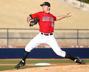 Freshman pitcher Paul Bargas rears back to fire against Utah Valley State Feb. 7 at Sancet Stadium. Bargas threw six innings and gave up one run in the 13-2 win, and will take the mound today in ASUs lone visit to Tucson this year.