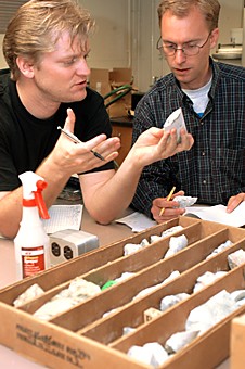 Mining engineering graduate student David Neyer, left, and geological engineering sophomore  David Wert participate in a lab Tuesday afternoon. This is one of many classes that will benefit from the $100,000 donation to the mining and geological engineering department.
