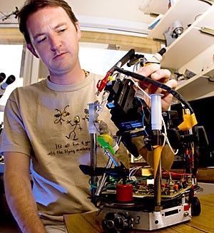Charles Higgins, an associate professor of electrical computer engineering and neurobiology, with his brainchild Robo-moth. Three years in the making, this moth-controlled robot was designed to study neurons in a new way and to harness moths visual and olfactory systems.
