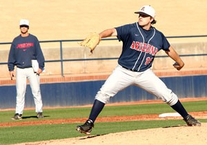 Arizona pitcher David Coulon delivers a pitch during a Feb. 5 practice session at Sancet Stadium. The Wildcats play their home opener against Sacramento State tonight at 7 with Coulon slated to take the mound Saturday.