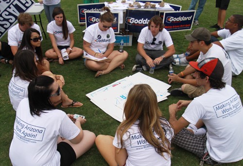 Erich Healy/ Arizona Daily Wildcat

Sam Frisby, political science senior, coordinates student volunteers for the Goddard for Governor campaign after a rally held on the UA Mall Oct. 4th. Their goal is to involve young people in the political spectrum so they can make informed decisions for the state election on Nov. 2nd.