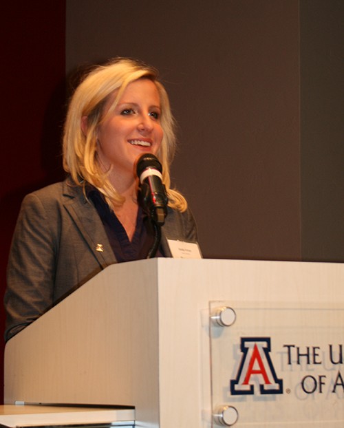 Annie Marum/ Arizona Daily Wildcat  

ASUA President Emily Fritze gave her year-end address at the Second Annual State of the Student Address Thursday, April 28. 

Fellow ASUA members congratulated Fritze after her final address. 