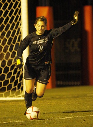 UA goalkeeper Chelsea McIntyre swings to boot the ball in a 4-0 win over Weber State Friday at Murphey Stadium. After suffering an ACL tear and a family loss, McIntyre has bounced back as a dominant force in the net.