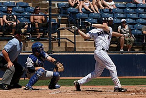 UA outfielder Jon Gaston swings away in a 7-6 Wildcat win over Indiana State at Sancet Stadium on Sunday. Arizona has averaged 7.6 runs per game over the last five games.