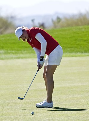 UA senior Alison Walshe stares down a putt during the Wildcat Invitational Feb 26. at Omni Tucson National Golf Resort. Walshe tees off in the first LPGA Major Tournament of the season, the Kraft-Nabisco Championship, this afternoon.