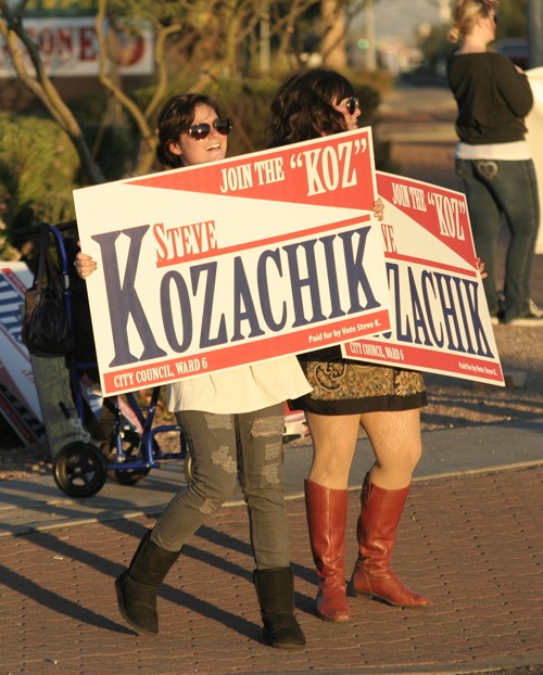 Timothy Galaz / Arizona Daily Wildcat

Heather Hyman(left) 22, a Family Studies and Human Development junior, and Rebekah Charles, 21, Retail and Consumer Sciences junior, volunteer support for the Kazochik campaign on the corner of Speedway and Campbell November 3rd 2009