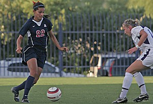 Freshman midfielder Jacqueline Broussard, left, prepares to make a move in Arizonas 2-0 loss to Portland on Sept. 22. Broussard didnt let the Wildcats lose Thursday, when she scored the game-winning goal in Arizonas 2-1 win over Cal State Fullerton. 