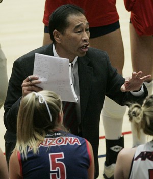 UA volleyball coach Dave Rubio instructs his team during a timeout. The Wildcats failed to reach the postseason for the third consecutive year. 