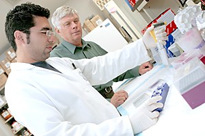 Jorge Alegria, an exchange student in the department of toxicology, uses an auto pipettor in the Pharmacy building while Jay Gandolfi, an assistant dean for research in the College of Pharmacy,  observes. The EPA granted the UA $1.75 million to fund a U.S. and Mexico Binational Center for Environmental Science and Toxicology.