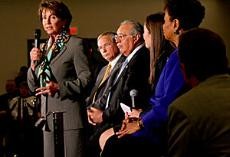 Speaker of the House Nancy Pelosi speaks to a crowd gathered in the Memorial Union Monday.  She was joined by other democrat representatives from around Arizona.