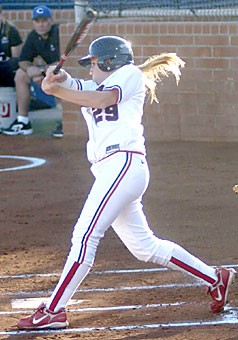 UA shortstop Kristie Fox follows through with her swing during Arizona win over Creighton March 6 at Hillenbrand Stadium. The No. 2 Wildcats journey on the road for their first true away games this weekend at No. 14 Baylor with Fox and fellow seniors Caitlin Lowe and Chelsie Mesa hot at the top of the batting order.