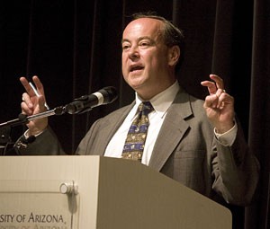 Dennis Shields, Dean of the Phoenix School of Law and Clint Bolick, director of the Scharf-Norton Center for Constit-utional Litigation at the Goldwater institute, debate the proposed Civil Rights Initiative in front of a full crowd at Gallagher Theater yesterday. 