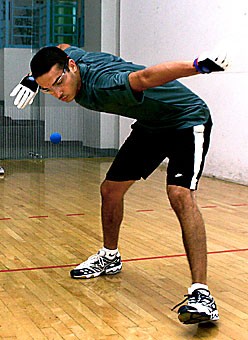 Luis Moreno plays an exhibition game of handball Sept. 11 at the Student Recreation Center. Moreno, a United States Handball Association national collegiate champion, attended the event with other USHA members to promote the Arizona handball club. 