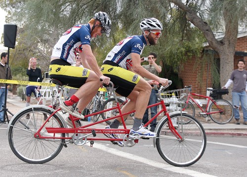 Gordon Bates / Arizona Daily Wildcat
Andy Suter, a UA communications junior, piloted the tandem while Andy Wyatt, a UA marketing senior, was tail gunner in the Haiti Ride as part of UA Cycling Clubs 4th annual UofA Criterium this past Saturday, January 30th. The track was a closed course that started on 1st Street and Cherry Avenue in the north east quadrant of campus, and the riders did as many laps as they could in 35 minutes.