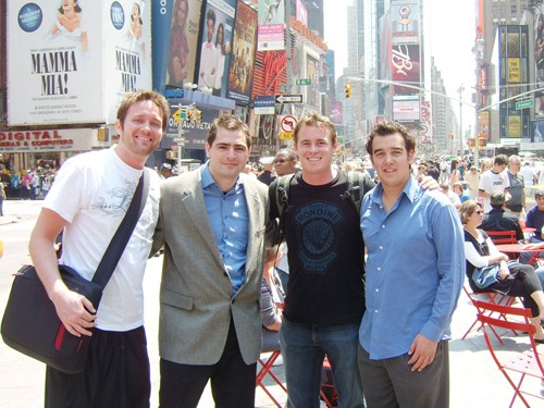 DJ Stephan, left, Sadi Chalfoun, Sean Conway, and Justin Miller pose for a photo in Times Square. The four UA students are the masterminds behind Notehall.com which serves as a so-called eBay for lecture notes. Both Conway and Stephan will appear on ABCs Shark Tank tonight at 8 p.m.