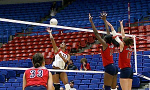 Outside hitter Whitney Dosty hits the ball in the annual Red-Blue intrasquad scrimmage Aug. 19 in McKale Center. Dosty, who will most likely redshirt this season, participated in a full practice for the first time since the scrimmage yesterday.