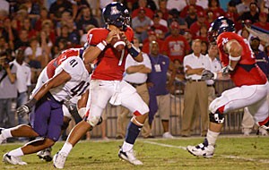 Sophomore quarterback Willie Tuitama drops back to throw in a 21-10 loss to Washington at Arizona Stadium on Sept. 30. Tuitama faces the Pacific 10 Conferences worst passing defense when the Wildcats take on California Saturday in Arizona Stadium. 