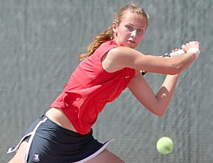 Arizona junior Kasia Jakowlew returns shots during a match earlier this season at the Robson Tennis Center for the No. 36 Arizona womens tennis teams. Jakowlew is one of just four Wildcats making the trek to Ojai, Calif., today to compete in the Pac-10 Championships.