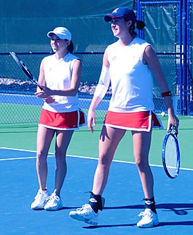 The doubles tandem of junior Camelia Todorova, left, and sophomore Danielle Steinberg catch their breath in between sets in Arizonas 6-1 win over then-No. 56 Washington State Thursday at the Robson Tennis Center. While Steinberg in the No. 1 singles position, she plays in the No. 2 doubles team.