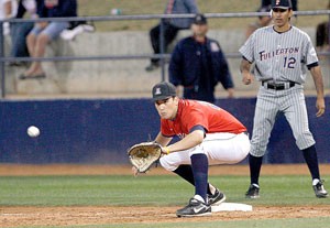 Arizona first baseman C.J. Ziegler awaits a throw during the Wildcats 6-2 victory over Cal State-Fullerton at Sancet Stadium on March 15. Ziegler has been the only Wildcat infielder that hasnt swapped positions with another teammate so far this season.