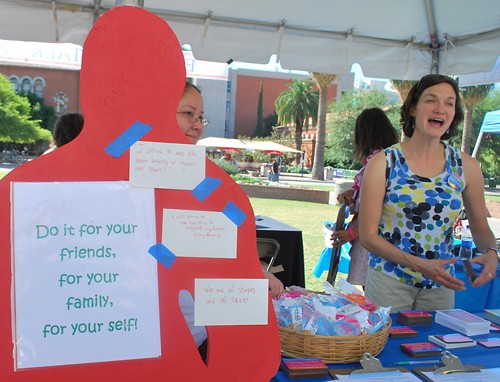 Valentina Martinelli / Arizona Daily Wildcat

Lori VanBuggenum, a program director for the Woman's Resource Center, talks about Fat Talk Free Day on the UA Mall on Wednesday Oct 13.  Fat Talk Free Day encouraged people to take a pledge to get rid of the thin ideal and promote a healthy ideal.