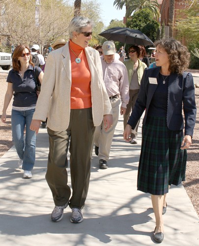 Rodney Haas / Arizona Daily Wildcat

Provost Meredith Hay, left, leads a walk with students and faculty around campus with Nancy Rogers, coordinator of worksite wellness and health promotion in human resources, on Thursday March 4, 2010, as part of the annual Walk Across Arizona campaign to promote physical fitness.