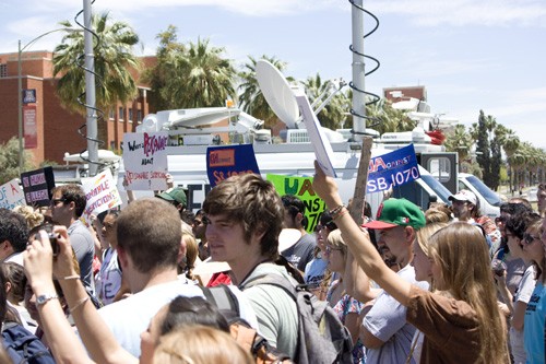 Hallie Bolonkin/ Arizona Daily Wildcat

Students and Arizona residents gather at the UA mall to protest against the Immigration Bill on May 5, 2010.