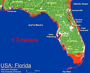 A still from the Dynamic Map Application shows the areas of flooding, in red, in response to the effects of global warming. If the water level exceeds 2 meters, Key West and Miami will submerge.