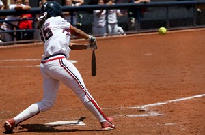 UA outfielder Brittany Lastrapes takes a hack at a pitch during Arizonas 13-1 win over Oregon State at Hillenbrand Stadium on April 27. The No. 8 Wildcats hit the road this weekend against much stiffer competition as they face No. 4 UCLA today in Los Angeles and No. 25 Washington in Seattle tomorrow and Sunday.