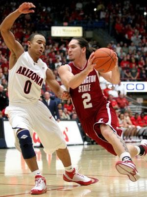 UA guard Jerryd Bayless defends WSU guard Derrick Low during Arizonas 76-64 win over the Cougars Jan. 24 in McKale Center. In the rematch Saturday at 8 p.m. in Pullman, Wash., Low will likely get more help from his balanced team than Bayless will from his squad.