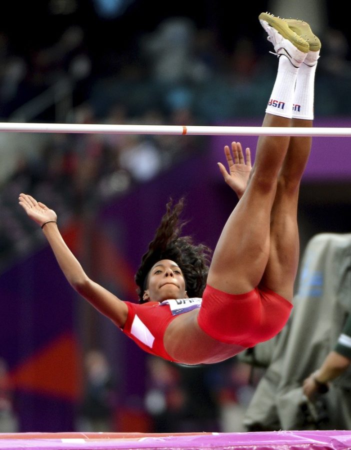 USA's Brigetta Barrett clears the bar and wins the silver medal in the women's High Jump at the Summer Olympics on Saturday, August 11, 2012, in London, England. (Wally Skalij/Los Angeles Times/MCT)