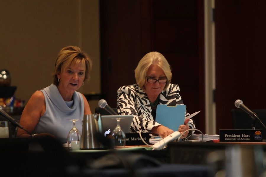 	Kyle Mittan / Arizona Daily Wildcat

	President Ann Weaver Hart, right, presented the UA’s budget proposal for the fiscal year 2014, which was approved by the Arizona Board of Regents on Thursday. Hart’s proposal included several millions intended to fund the College of Medicine in Phoenix, the university’s land grant mission and research instruments.