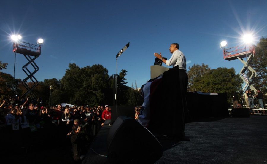 President Barack Obama speaks during a campaign rally at The Ohio State University campus Oval in Columbus, Ohio on Tuesday, October 9, 2012. (Brooke LaValley/Columbus Dispatch/MCT)