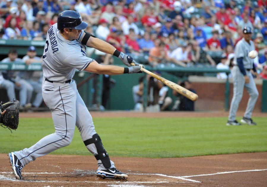 The Tampa Bay Rays' Evan Longoria connects on a three-run home run off of the Texas Rangers' Matt Harrison during the first inning at Rangers Ballpark in Arlington on Friday, April 27, 2012, in Arlington, Texas. (Max Faulkner/Fort Worth Star-Telegram/MCT)