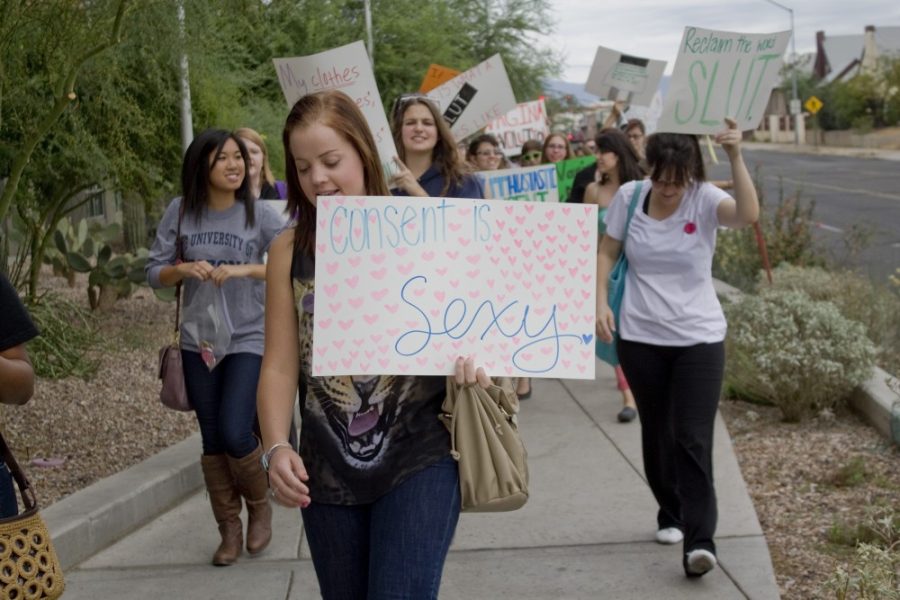 Briana Sanchez /  Arizona Daily Wildcat

SlutWalk Tucson, an organization formed in 2011 to challenge victim blaming, makes their way around the UA campus and University Blvd., on Nov. 17.