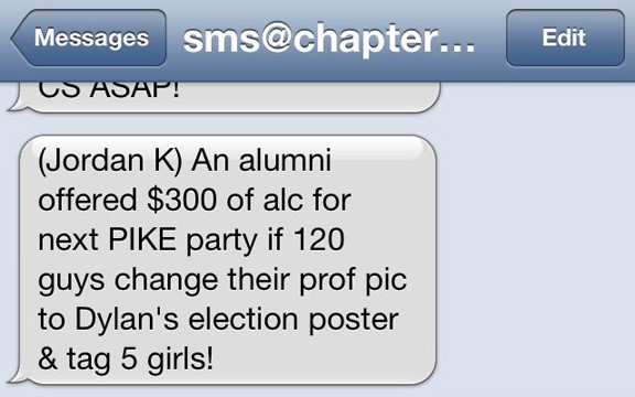 Text asks PIKE members to support ASUA presidential candidate in exchange for alcohol