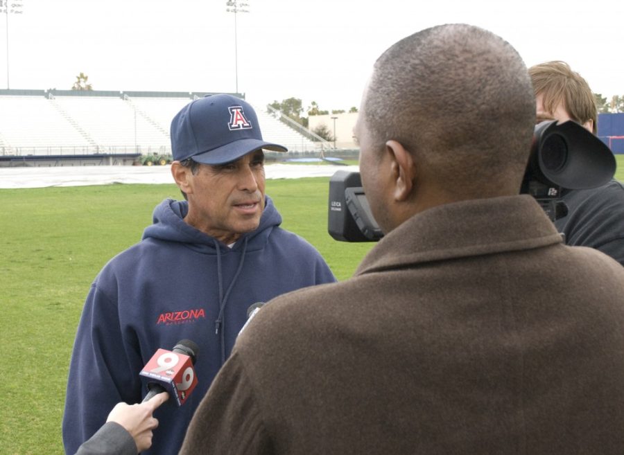 Matthew Fulton  /  Arizona Daily Wildcat

UA Baseball holds first practice of the year. Due to the weather no drills took place, instead players and Coach Andy Lopez met and spoke with the media.