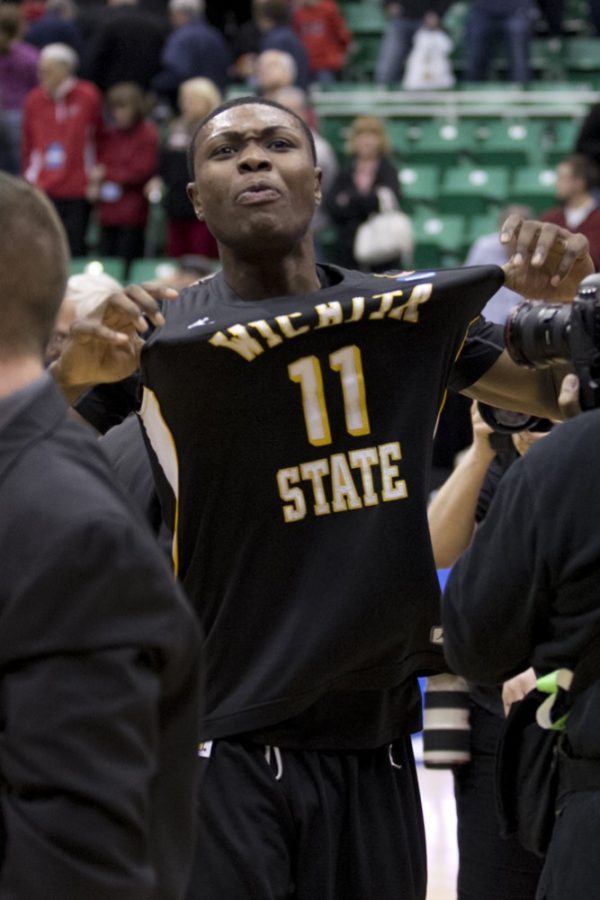 	Wichita State’s Cleanthony Early celebrates as Wichita State upsets the top-seeded Gonzaga Bulldogs in the third round of the 2013 NCAA Tournament in Salt Lake City at EnergySolutions Arena. 